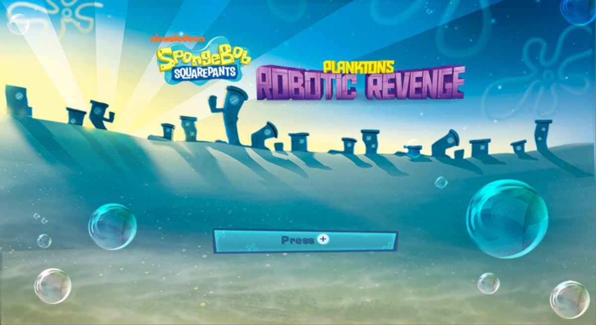 SpongeBob SquarePants Plankton's Robotic Revenge Nintendo Wii for action adventure video game fans featuring SpongeBob and Bikini Bottom characters robotic enemies third person shooting gameplay cooperative multiplayer colorful environments cartoon humor and family friendly adventure collectible gaming appeal start screen
