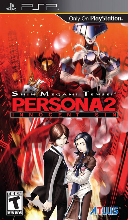 Persona 2 Innocent Sin UMD for the PlayStation Portable featuring turn based RPG gameplay with demon negotiation character driven storytelling and supernatural mystery in a modern Japanese city setting cover art