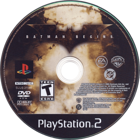 Batman Begins for PlayStation 2 with dark action-adventure theme based on the film disc