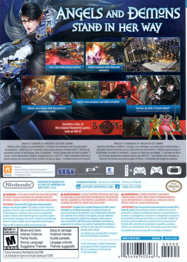 Bayonetta 2 Nintendo Wii U cover art for retro video game enthusiasts featuring stylish action gameplay fast paced hack and slash combat supernatural abilities cinematic boss battles fantasy adventure elements combo driven mechanics and collectible gaming appeal back art 