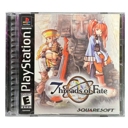 Threads of Fate CIB Sony PlayStation PS1 video game featuring action role playing gameplay Mint and Rue characters fantasy adventure real time combat magic abilities exploration puzzle solving quests and classic 32 bit PlayStation gameplay retro video game collection collectible gaming appeal cover art