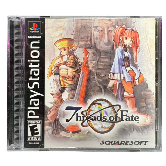 Threads of Fate CIB Sony PlayStation PS1 video game featuring action role playing gameplay Mint and Rue characters fantasy adventure real time combat magic abilities exploration puzzle solving quests and classic 32 bit PlayStation gameplay retro video game collection collectible gaming appeal cover art