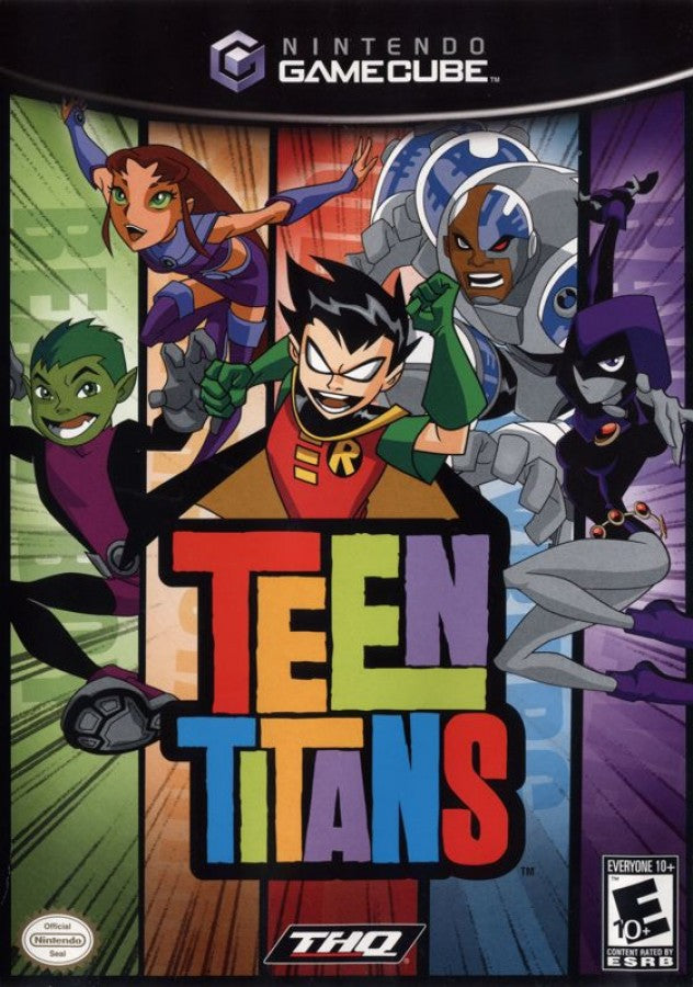 Cover art Teen Titans GameCube GC video game, action adventure, beat ’em up gameplay, DC Comics superheroes, multiplayer, classic Nintendo GameCube title