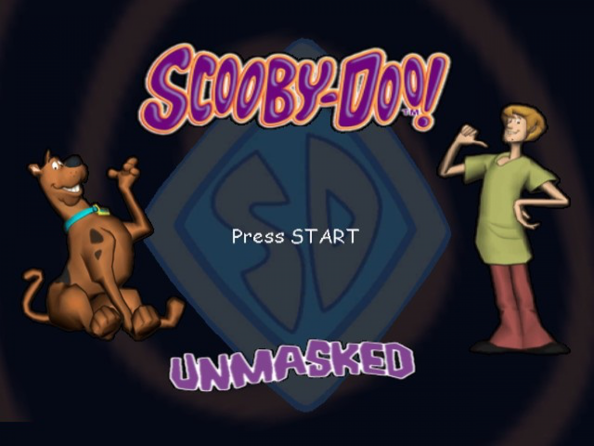 Title screen for Scooby-Doo Unmasked GameCube GC video game, action platformer, mystery adventure, cartoon-based gameplay, family-friendly, Nintendo GameCube title
