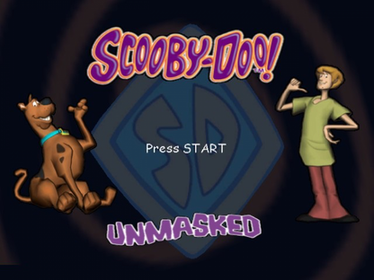 Title screen for Scooby-Doo Unmasked GameCube GC video game, action platformer, mystery adventure, cartoon-based gameplay, family-friendly, Nintendo GameCube title