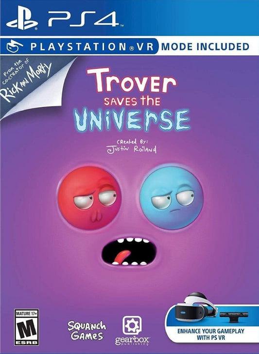 Trover Saves the Universe for PlayStation 4 comedic action adventure game featuring colorful alien worlds platforming combat and humorous story from the creators of Rick and Morty cover