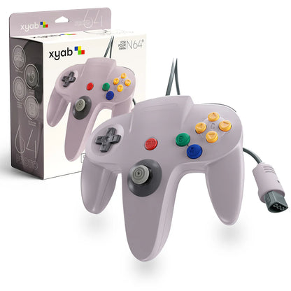 PROTO64 Wired Controller for Nintendo 64 N64 Gray inspired design featuring retro gaming accessory aesthetic classic trident controller layout ergonomic grip responsive analog stick nostalgic Nintendo 64 hardware compatible gaming peripheral presentation box and controller 