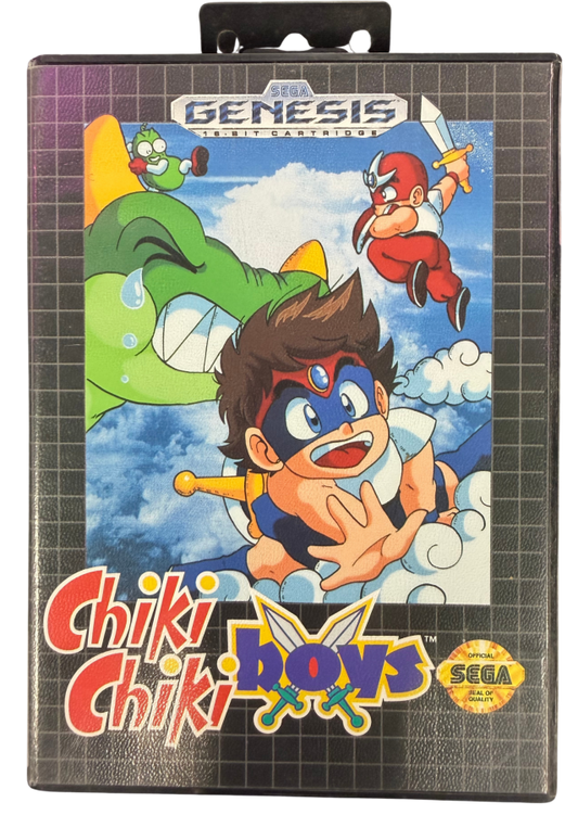 Chiki Chiki Boys Sega Genesis GEN for action platforming video game fans featuring colorful fantasy worlds side scrolling adventure sword combat magical abilities challenging enemies boss battles cooperative gameplay and classic arcade action collectible retro Genesis gaming appeal cover art