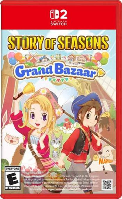 Story of Seasons Grand Bazaar Premium Edition Nintendo Switch 2 for farming simulation role playing video game fans featuring crop growing animal care fishing cooking crafting relationships seasonal festivals town development marketplace trading and Premium Edition collectible content gaming appeal game case front cover art
