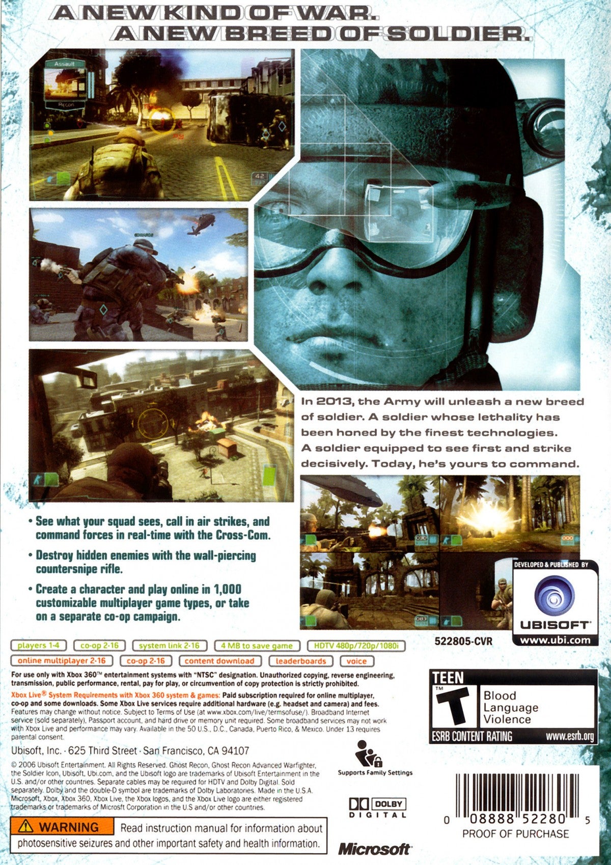 Tom Clancy's Ghost Recon Advanced Warfighter Xbox 360 tactical shooter featuring squad based military combat near future battlefield technology first person gameplay online multiplayer modes and strategic mission based warfare by Ubisoft back cover