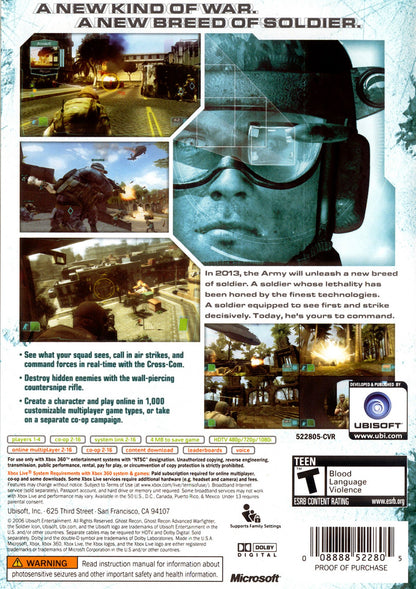 Tom Clancy's Ghost Recon Advanced Warfighter Xbox 360 tactical shooter featuring squad based military combat near future battlefield technology first person gameplay online multiplayer modes and strategic mission based warfare by Ubisoft back cover
