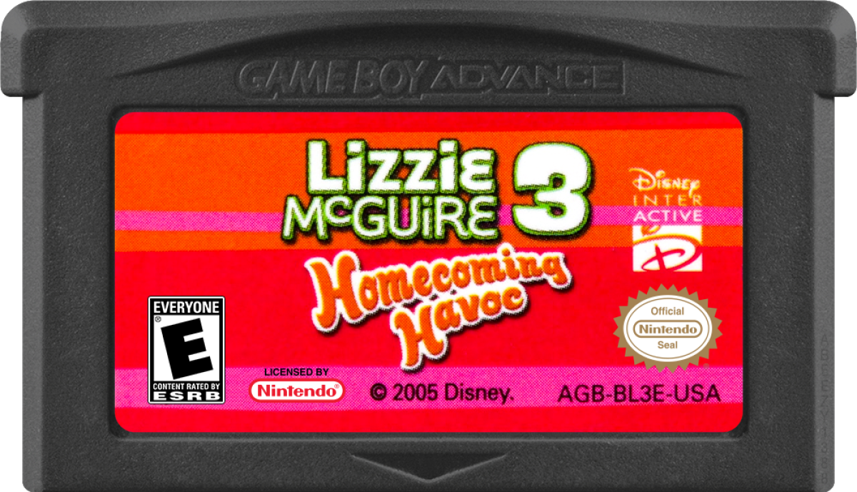 Lizzie McGuire 3 Homecoming Havoc video game featuring Disney teen adventure gameplay Lizzie McGuire character story high school life homecoming dance preparations friendship challenges school activities mini games interactive adventures fashion styling and classic Disney gaming entertainment retro video game collection collectible gaming appeal game cartridge