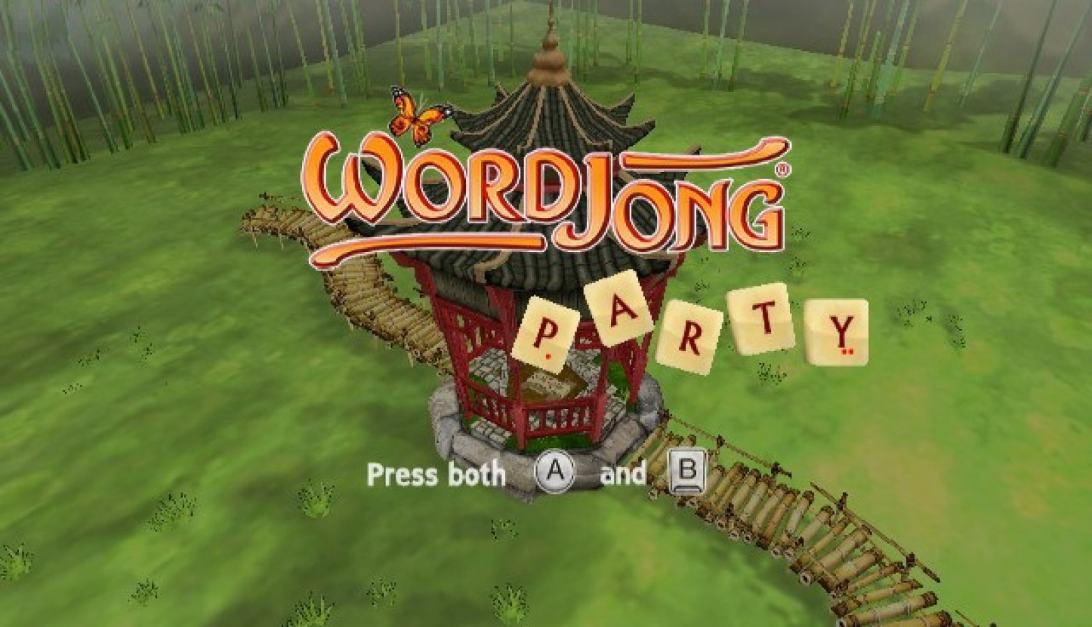 WordJong Party Wii inspired design featuring word puzzle and tile matching gameplay aesthetic casual family friendly challenges strategic vocabulary building colorful party game atmosphere relaxing brain training entertainment nostalgic Nintendo Wii presentation start screen