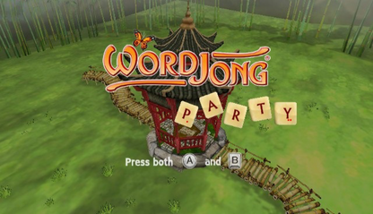 WordJong Party Wii inspired design featuring word puzzle and tile matching gameplay aesthetic casual family friendly challenges strategic vocabulary building colorful party game atmosphere relaxing brain training entertainment nostalgic Nintendo Wii presentation start screen