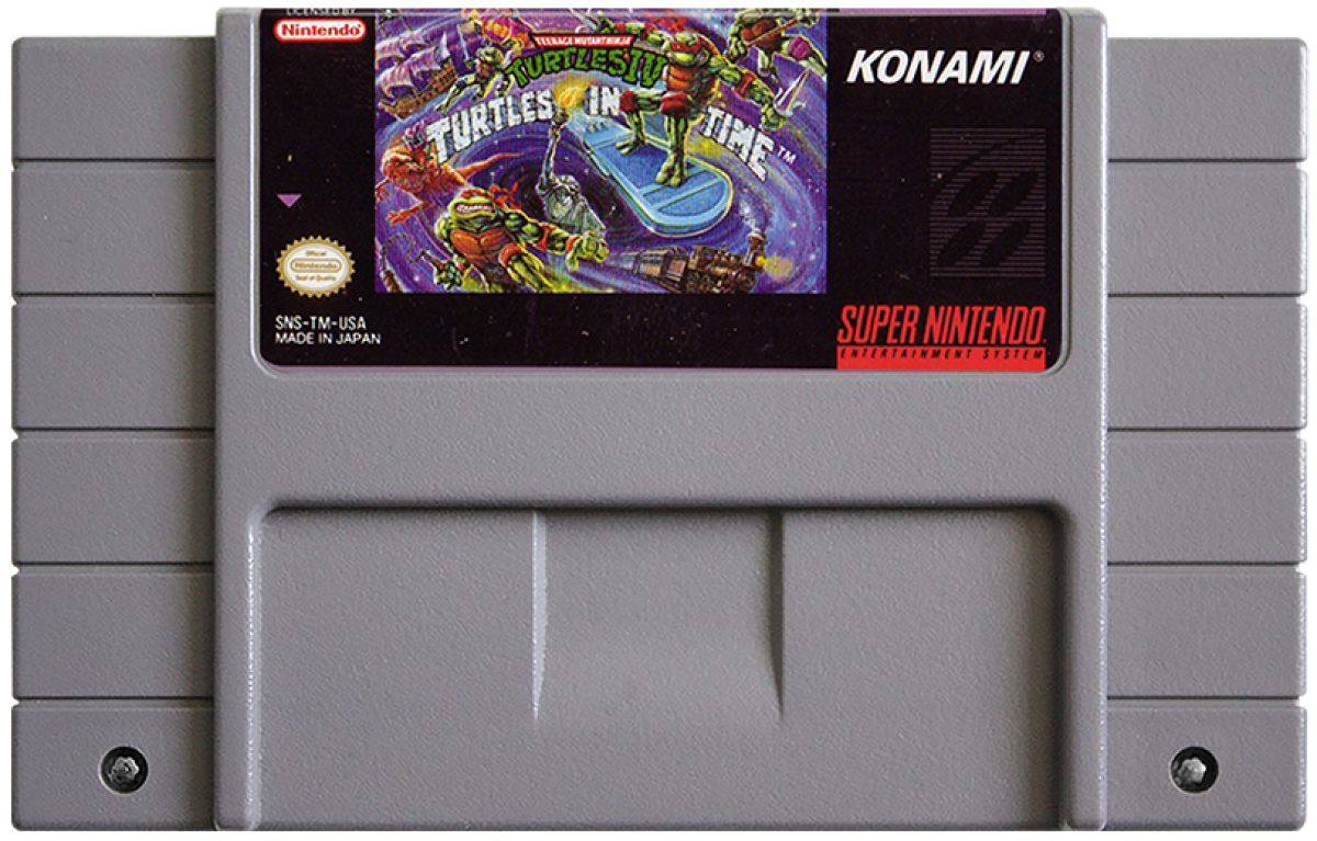 Retro Turtles in Time SNES inspired design featuring classic Teenage Mutant Ninja Turtles beat em up aesthetic side scrolling arcade action time traveling adventure pixel art combat iconic Konami gameplay nostalgic Super Nintendo presentation cartridge