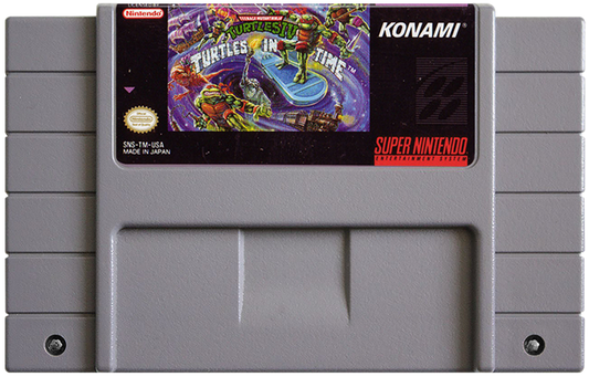Retro Turtles in Time SNES inspired design featuring classic Teenage Mutant Ninja Turtles beat em up aesthetic side scrolling arcade action time traveling adventure pixel art combat iconic Konami gameplay nostalgic Super Nintendo presentation cartridge