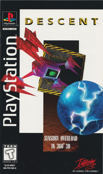 Descent PlayStation 1 PS1 first-person shooter video game featuring intense 3D space combat maze-like underground environments futuristic spacecraft enemy robots powerful weapons challenging levels exploration and classic PlayStation 1 PS1 gameplay collectible retro gaming appeal front cover art
