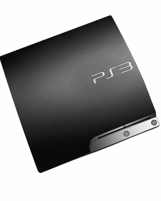 Diagonal top view of a Sony PS3 Slim console showing the curved top surface, logo, disc slot, and power and eject buttons.