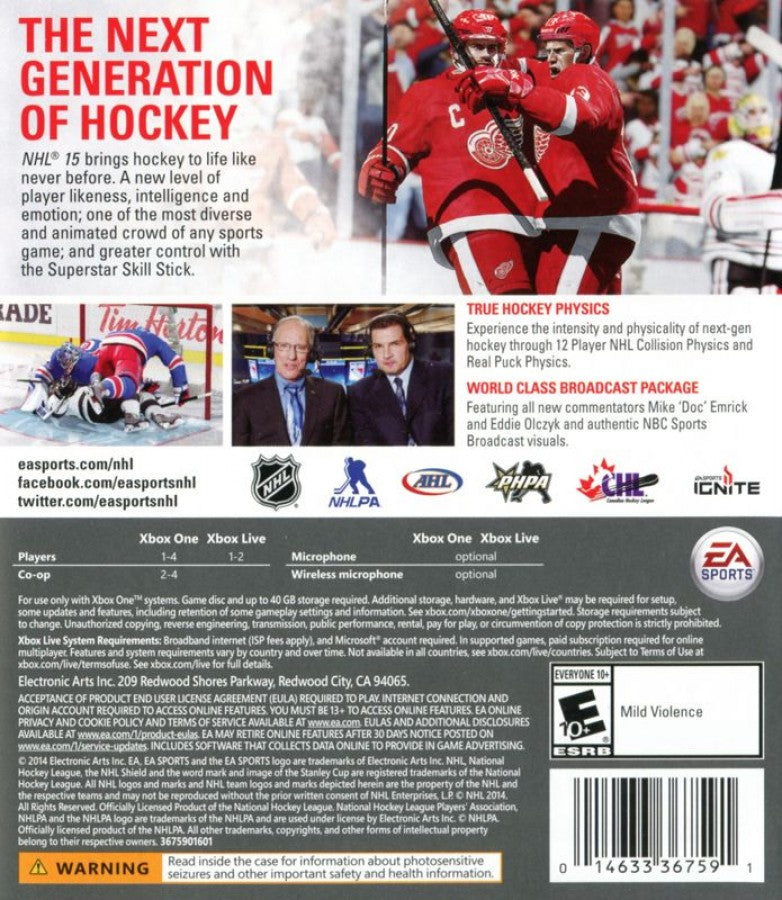 NHL 15 back of case for Xbox One (XONE) sports hockey video game