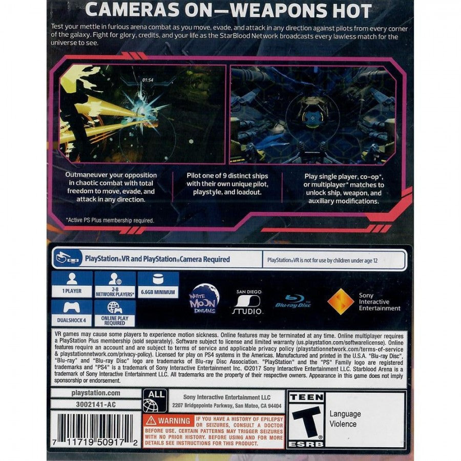 StarBlood Arena retro PS4 video game Starblood Arena VR sci fi arena shooter virtual reality space combat multiplayer action fast paced vehicular battles console release back cover 
