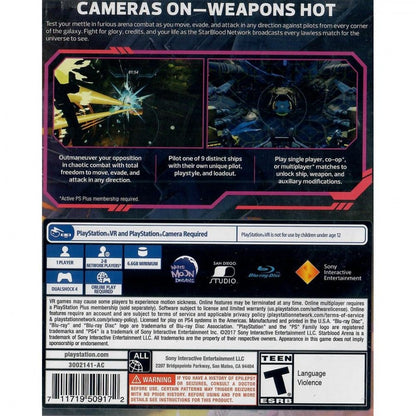 StarBlood Arena retro PS4 video game Starblood Arena VR sci fi arena shooter virtual reality space combat multiplayer action fast paced vehicular battles console release back cover 