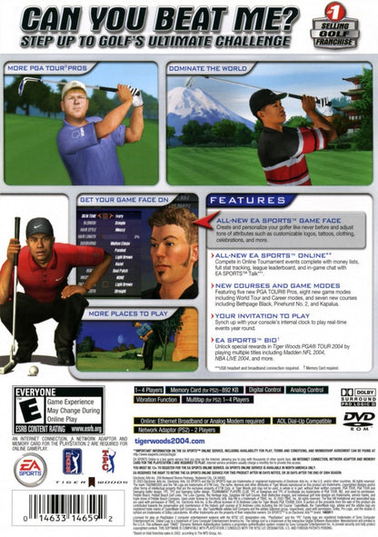 Tiger Woods PGA Tour 2004 – PlayStation 2 (PS2) video game back of case, golf sports simulation.