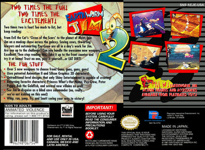 Earthworm Jim 2 for Super Nintendo side scrolling platformer featuring Earthworm Jim bizarre humor creative levels unique weapons and cartoon style gameplay back cover art