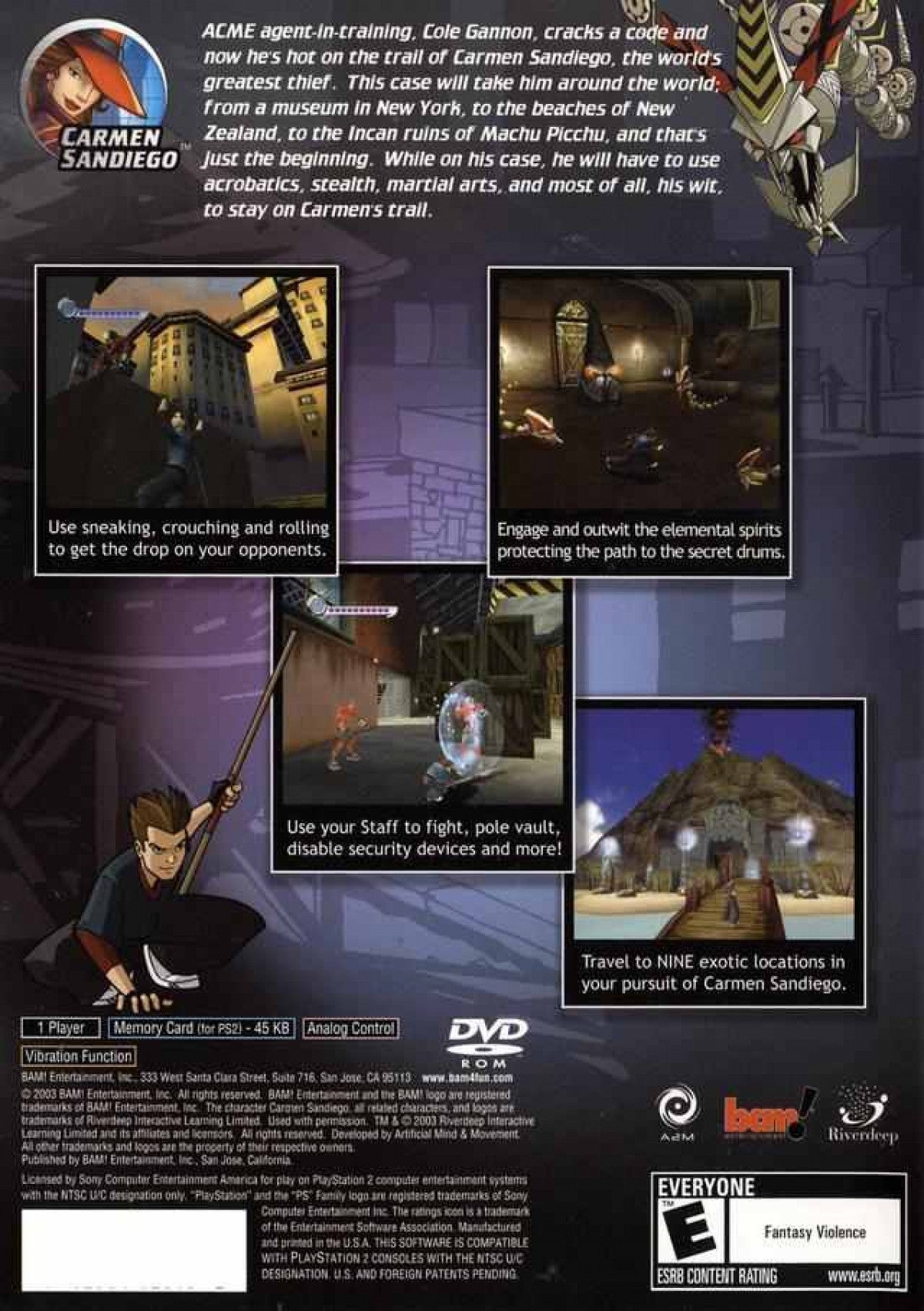 Carmen Sandiego: The Secret of the Stolen Drums for PlayStation 2 with adventure puzzle-solving theme back cover art