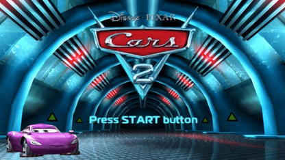 Cars 2 UMD for the PlayStation Portable featuring racing gameplay based on the Disney Pixar film with spy themed missions character abilities power ups and multiplayer modes as players control Lightning McQueen Mater and other characters across global tracks gameplay  