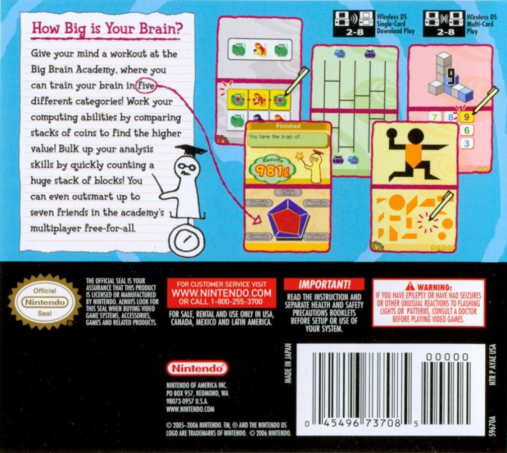 Big Brain Academy back of case for Nintendo DS (DS) educational puzzle video game
