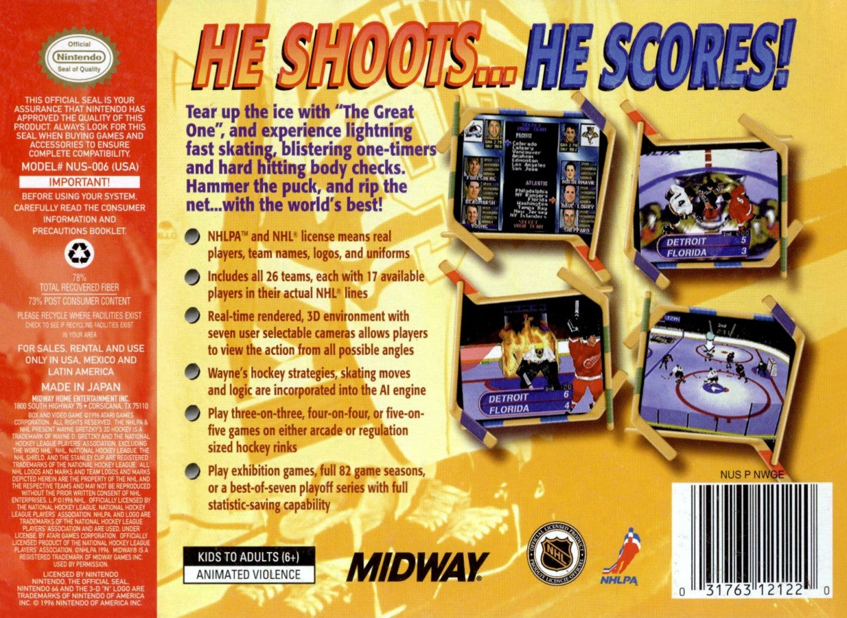 Wayne Gretzky's 3D Hockey Nintendo 64 game featuring fast-paced arcade hockey action on N64 back cover