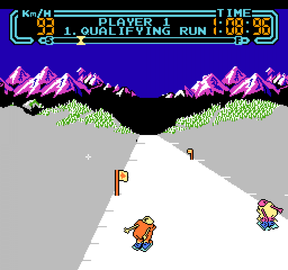 Slalom Nintendo Entertainment System NES for retro video game enthusiasts featuring alpine skiing gameplay downhill racing challenges slalom course navigation fast paced winter sports action responsive controls classic arcade style competition and collectible gaming appeal gameplay