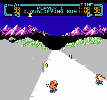 Slalom Nintendo Entertainment System NES for retro video game enthusiasts featuring alpine skiing gameplay downhill racing challenges slalom course navigation fast paced winter sports action responsive controls classic arcade style competition and collectible gaming appeal gameplay