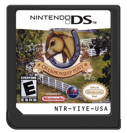Championship Pony game for the Nintendo DS featuring horse care and riding gameplay with training events customization mini games and simulation elements focused on raising and competing with ponies cartridge
