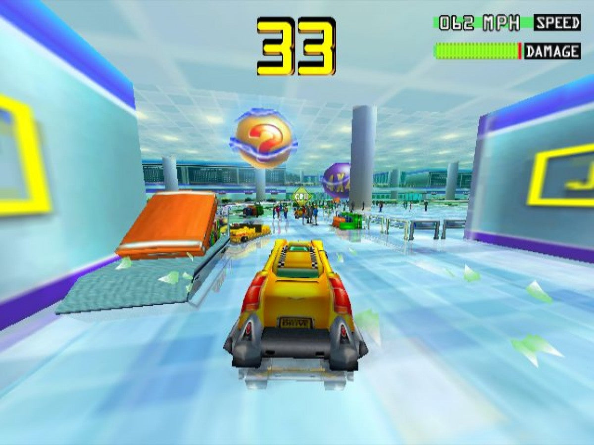 Smashing Drive gameplay for GameCube game featuring high-speed arcade racing action and destructive city driving gameplay 