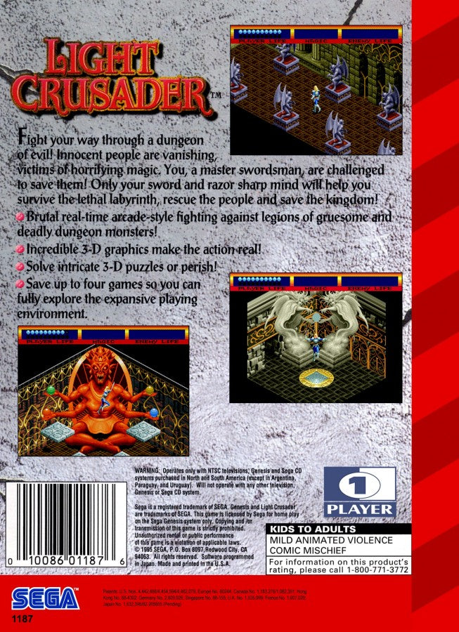 Light Crusader Sega Genesis retro video game action RPG back of case (1995)