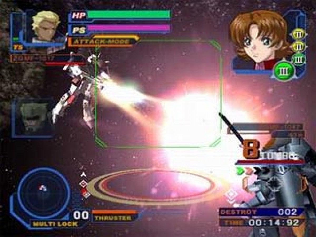 Mobile Suit Gundam Seed: Never Ending Tomorrow gameplay PlayStation 2 (PS2) featuring mecha combat action with iconic Gundam mobile suits and cinematic anime battles.