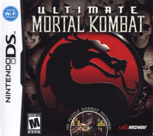 Ultimate Mortal Kombat Nintendo DS DS for fighting video game fans featuring classic Mortal Kombat characters brutal combat signature fatalities special moves arcade modes puzzle combat challenges touchscreen features and portable Nintendo DS gameplay collectible gaming appeal front cover art