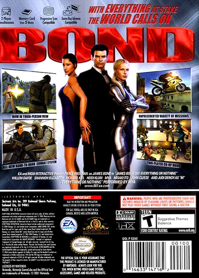 007 Everything or Nothing for GameCube featuring cinematic third person action and classic James Bond missions back cover