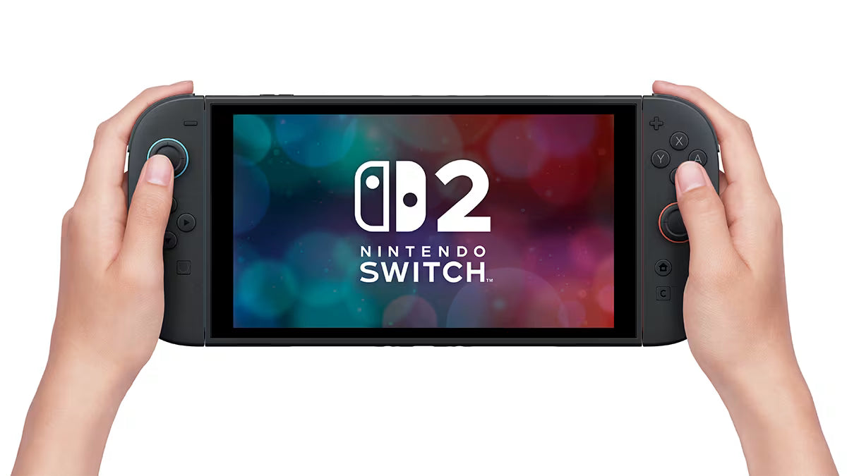 Nintendo Switch 2 Console with Dock Scratch and Scuff Condition Nintendo Switch 2 NS2 gaming system featuring hybrid home and handheld gaming touchscreen display detachable Joy Con controller compatibility TV dock connectivity upgraded graphics enhanced performance portable gaming functionality and official Nintendo hardware retro gaming collection collectible console appeal front in hands