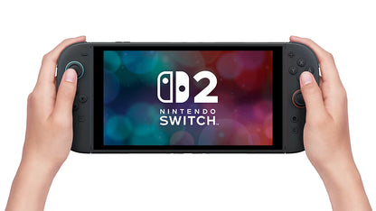 Nintendo Switch 2 Console with Dock Scratch and Scuff Condition Nintendo Switch 2 NS2 gaming system featuring hybrid home and handheld gaming touchscreen display detachable Joy Con controller compatibility TV dock connectivity upgraded graphics enhanced performance portable gaming functionality and official Nintendo hardware retro gaming collection collectible console appeal front in hands