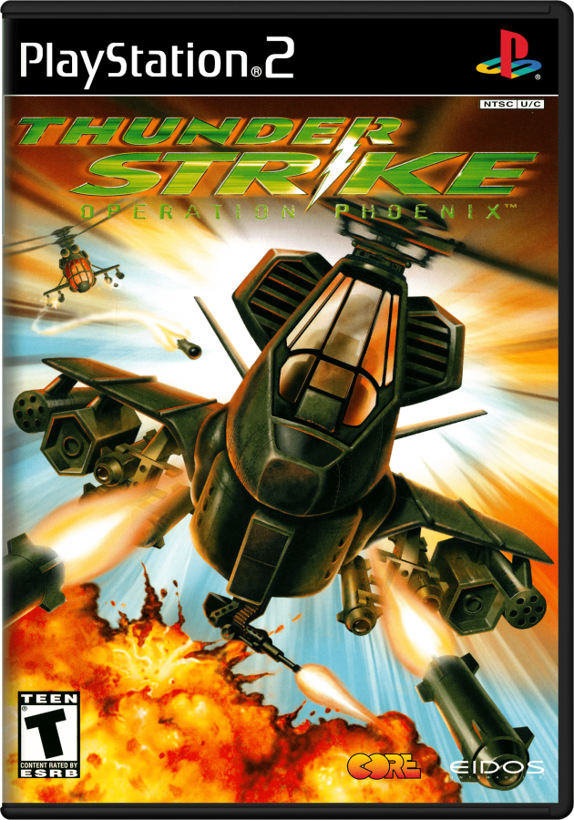 Thunderstrike: Operation Phoenix – PlayStation 2 (PS2) video game cover image, aerial combat action.