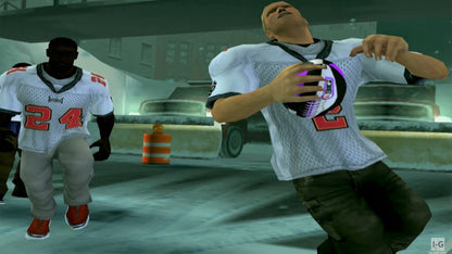 NFL Street game for the PlayStation 2 featuring arcade style football gameplay with exaggerated moves trick plays and fast paced street matches with NFL teams and players gameplay 