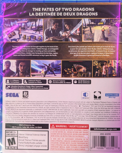 Like a Dragon Infinite Wealth PlayStation 5 PS5 video game, JRPG, story-driven adventure, turn-based combat, Yakuza series title back cover