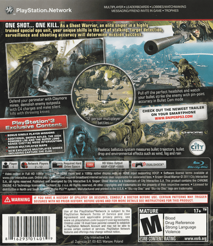 Sniper: Ghost Warrior back cover art for PlayStation 3 (PS3) video game