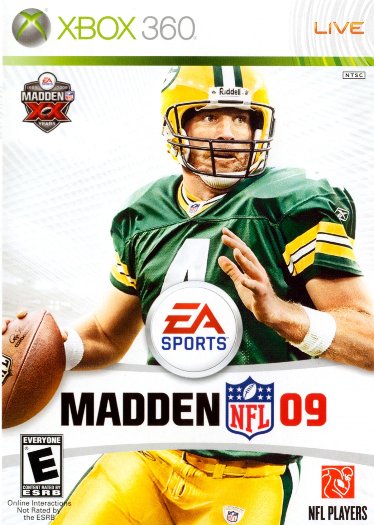 Madden NFL 2009 Xbox 360 video game, American football sports simulation, realistic gameplay, franchise and multiplayer modes, console title front cover