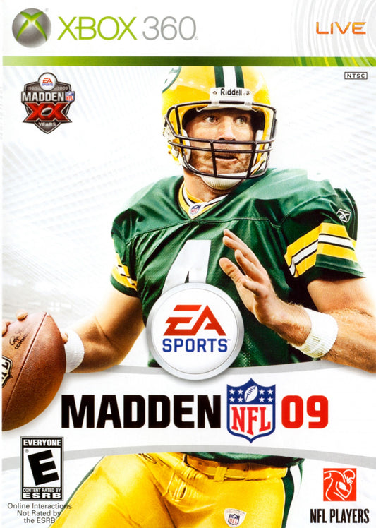 Madden NFL 2009 Xbox 360 video game, American football sports simulation, realistic gameplay, franchise and multiplayer modes, console title front cover