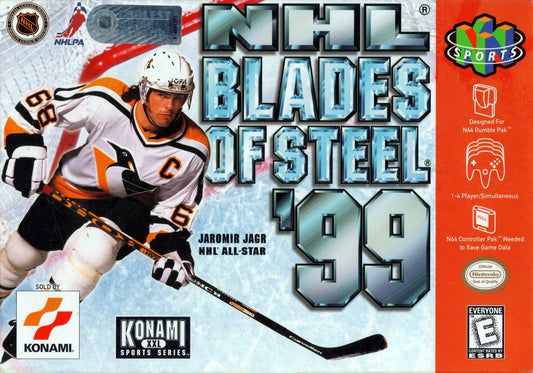 NHL Blades of Steel 99 game for the Nintendo 64 featuring arcade style hockey gameplay with fast paced matches exaggerated hits season modes and multiplayer competition based on the Blades of Steel series cover art