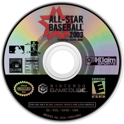 All-Star Baseball 2003 disc art for GameCube game featuring realistic baseball simulation gameplay and official MLB teams