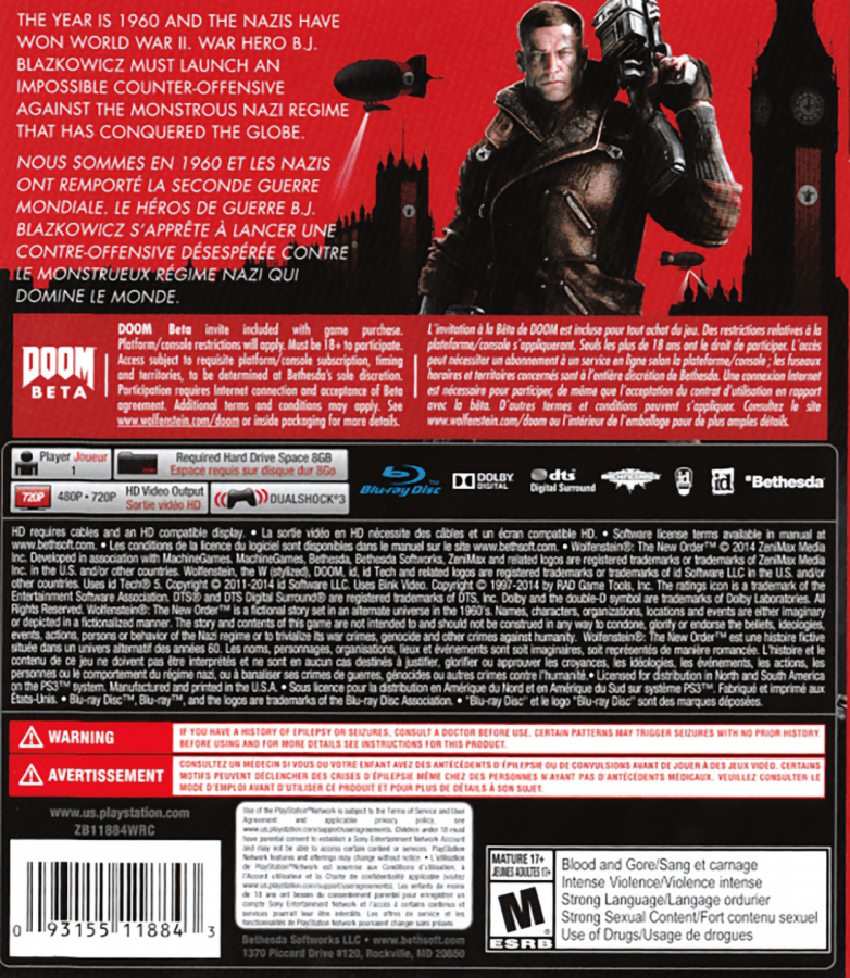 Wolfenstein: The New Order back cover art for PlayStation 3 (PS3) video game